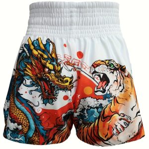 Men's Loose Tiger And Dragon Graphic Print Boxing Shorts, Active Elastic Waist Sports Trunks For Boxing Workout Fighting Training